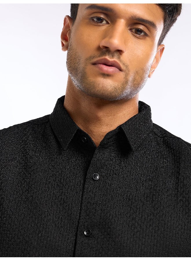 Beyoung - Black Full Sleeve Waffle Shirt For Men - Image 1