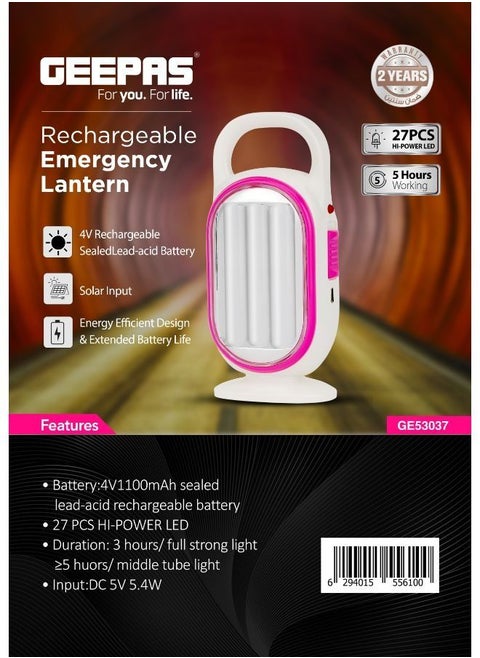 Geepas LED Emergency Lantern-Energy Efficient Design,27 Pieces Hi-Power LEDs, and 5 Hours Working| Compact,Portable and Light-Weight Design with Stand,