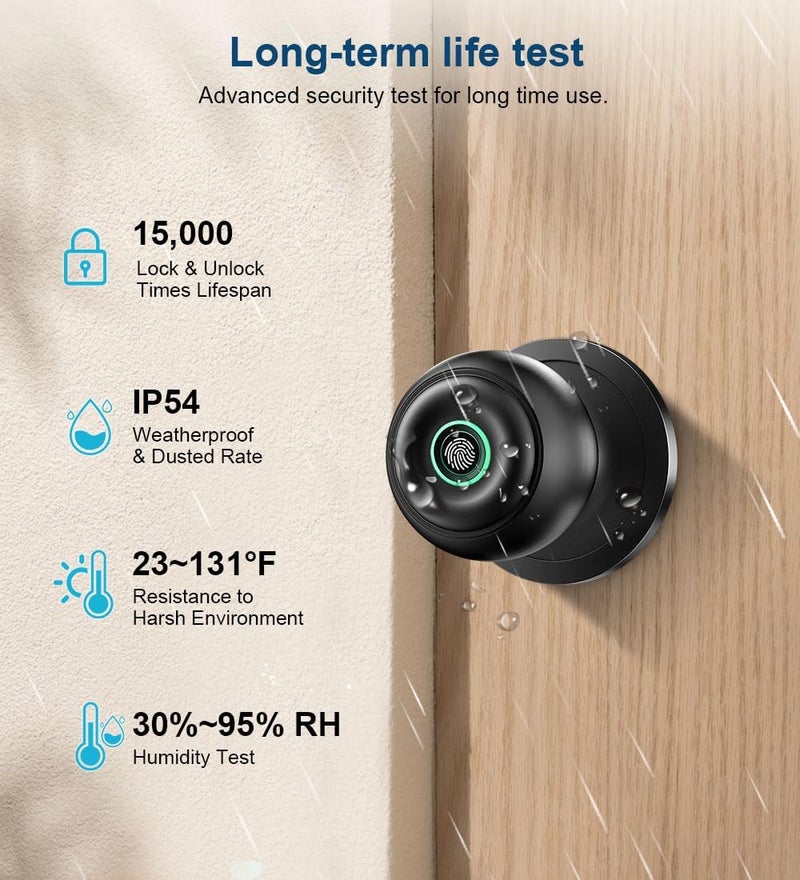 KLLOQUE Fingerprint Door Lock, Smart Fingerprint Door Knob with Lock, Biometric Door knob with App Control & Key, Keyless Thumbprint Entry Door Lock for Bedroom, Front Door, Home, Apartment Office-Matte Black - Image 3