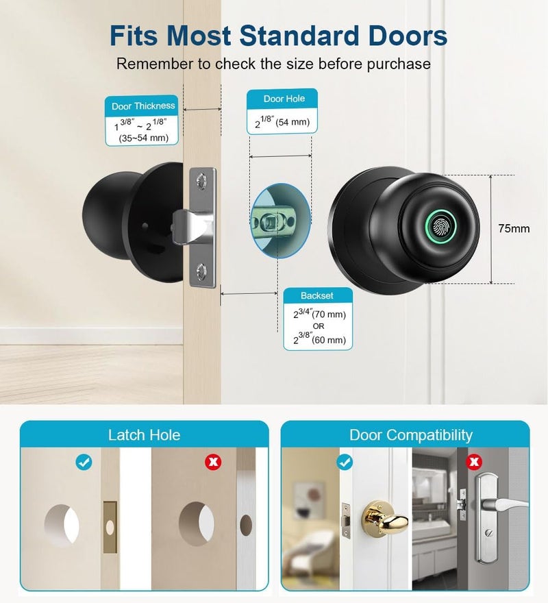 KLLOQUE Fingerprint Door Lock, Smart Fingerprint Door Knob with Lock, Biometric Door knob with App Control & Key, Keyless Thumbprint Entry Door Lock for Bedroom, Front Door, Home, Apartment Office-Matte Black - Image 5