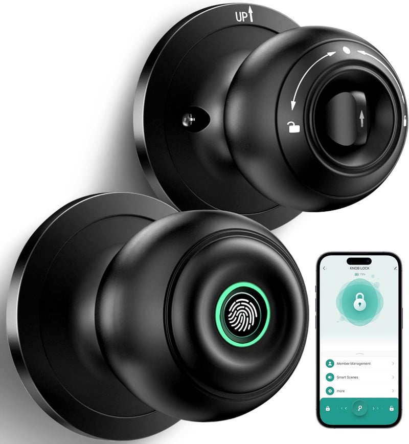 KLLOQUE Fingerprint Door Lock, Smart Fingerprint Door Knob with Lock, Biometric Door knob with App Control & Key, Keyless Thumbprint Entry Door Lock for Bedroom, Front Door, Home, Apartment Office-Matte Black - Image 1