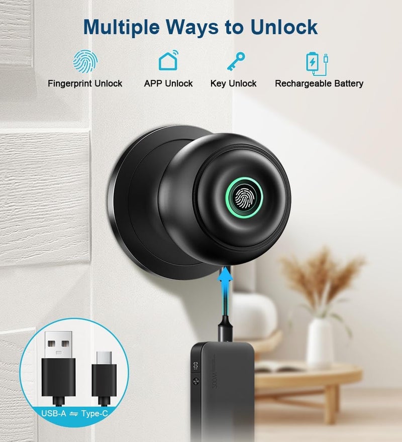 KLLOQUE Fingerprint Door Lock, Smart Fingerprint Door Knob with Lock, Biometric Door knob with App Control & Key, Keyless Thumbprint Entry Door Lock for Bedroom, Front Door, Home, Apartment Office-Matte Black - Image 2