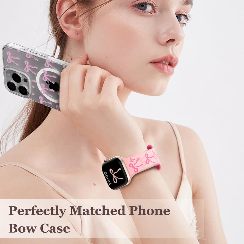 YMHML Bow Band Compatible with Apple Watch Bands for Women 40mm 42mm 41mm 38mm 44mm 45mm 46mm 49mm, Engraved Cute Silicone Inlay Dressy Pink Ribbon Strap for iWatch Series 10 9 8 7 6 5 4 3 SE Ultra - Image 5