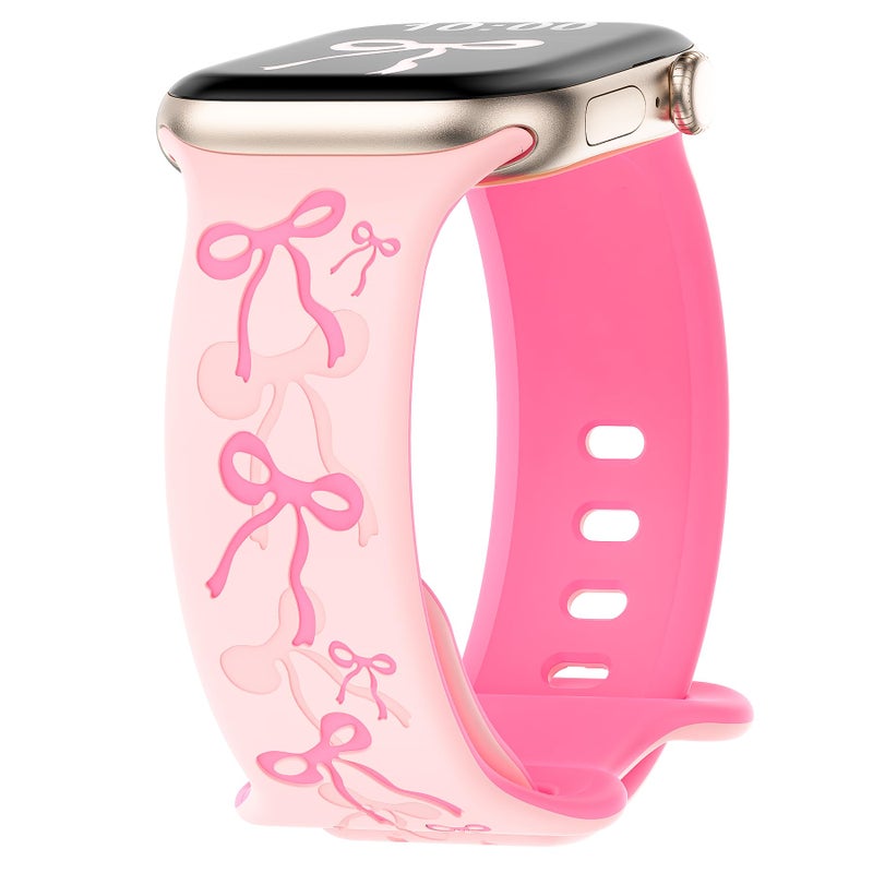 YMHML Bow Band Compatible with Apple Watch Bands for Women 40mm 42mm 41mm 38mm 44mm 45mm 46mm 49mm, Engraved Cute Silicone Inlay Dressy Pink Ribbon Strap for iWatch Series 10 9 8 7 6 5 4 3 SE Ultra - Image 1