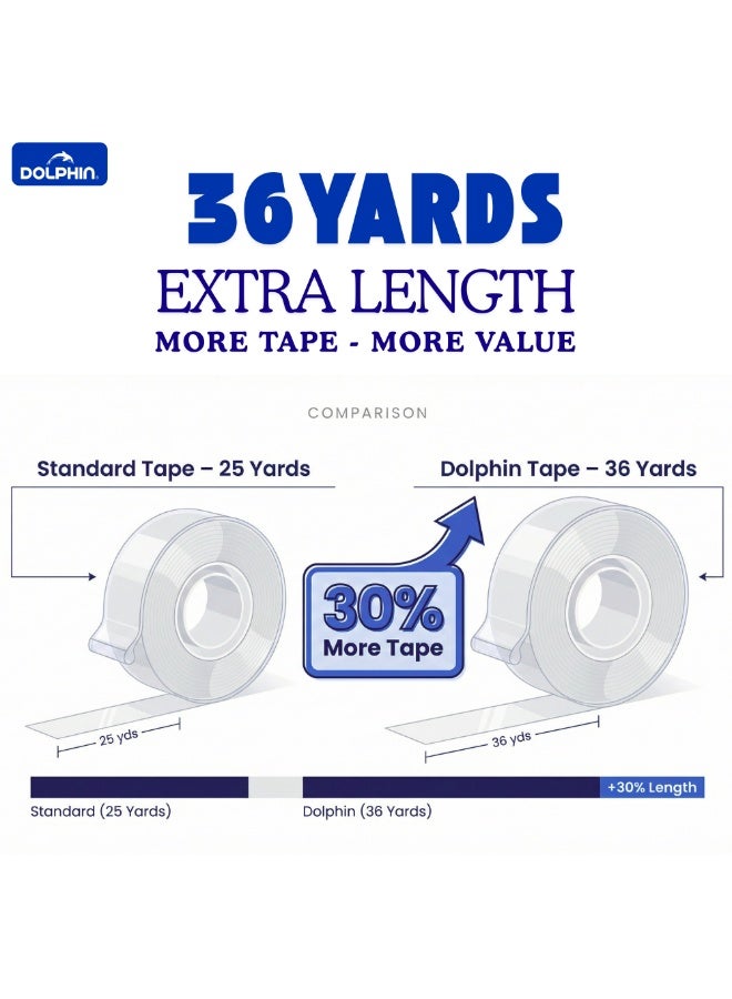 دولفين شريط لاصق شفاف فائق الوضوح دولفين عرض 12 مم × طول 36 ياردة، عبوة 6 لفات، مناسب للمدرسة والمكتب والمنزل - Image 2
