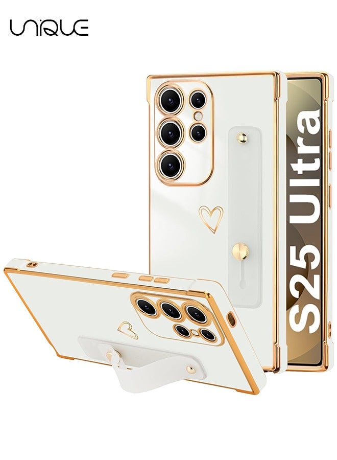 Unique Compatible with Samsung Galaxy S25 Ultra Case - Adjustable Wrist Strap Kickstand - Cute Heart Luxury Gold Plating Bumper - Women Girl Men Protective Case Cover - White - Image 1