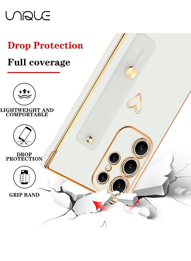 Unique Compatible with Samsung Galaxy S25 Ultra Case - Adjustable Wrist Strap Kickstand - Cute Heart Luxury Gold Plating Bumper - Women Girl Men Protective Case Cover - White - Image 2