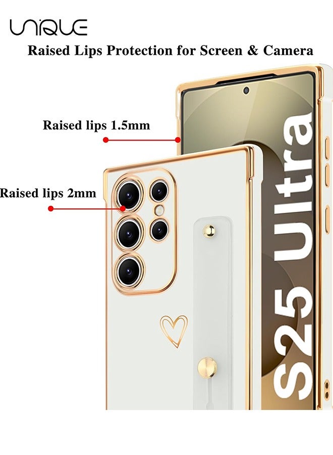 Unique Compatible with Samsung Galaxy S25 Ultra Case - Adjustable Wrist Strap Kickstand - Cute Heart Luxury Gold Plating Bumper - Women Girl Men Protective Case Cover - White - Image 3