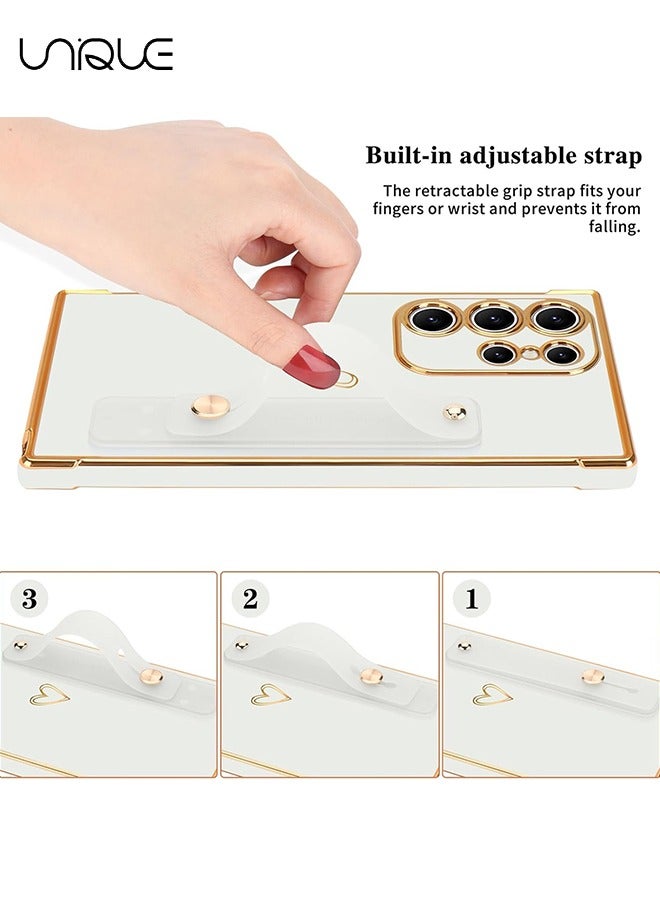 Unique Compatible with Samsung Galaxy S25 Ultra Case - Adjustable Wrist Strap Kickstand - Cute Heart Luxury Gold Plating Bumper - Women Girl Men Protective Case Cover - White - Image 4