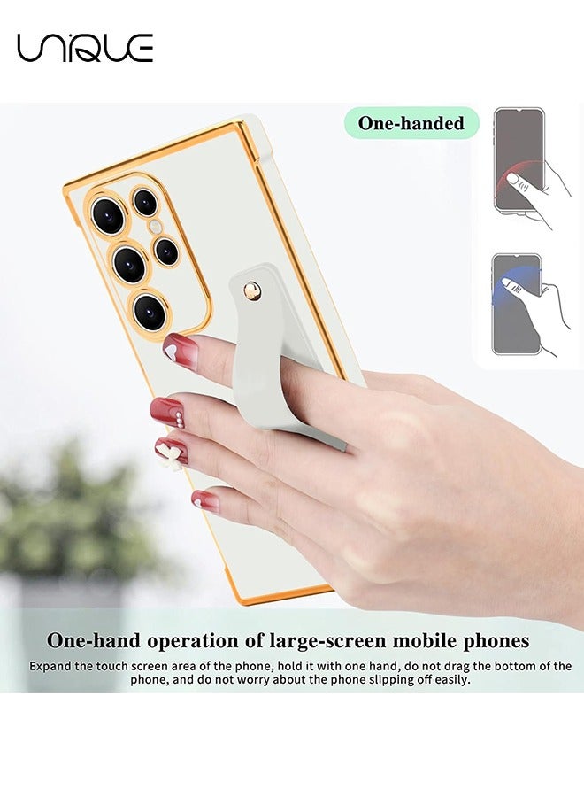 Unique Compatible with Samsung Galaxy S25 Ultra Case - Adjustable Wrist Strap Kickstand - Cute Heart Luxury Gold Plating Bumper - Women Girl Men Protective Case Cover - White - Image 5