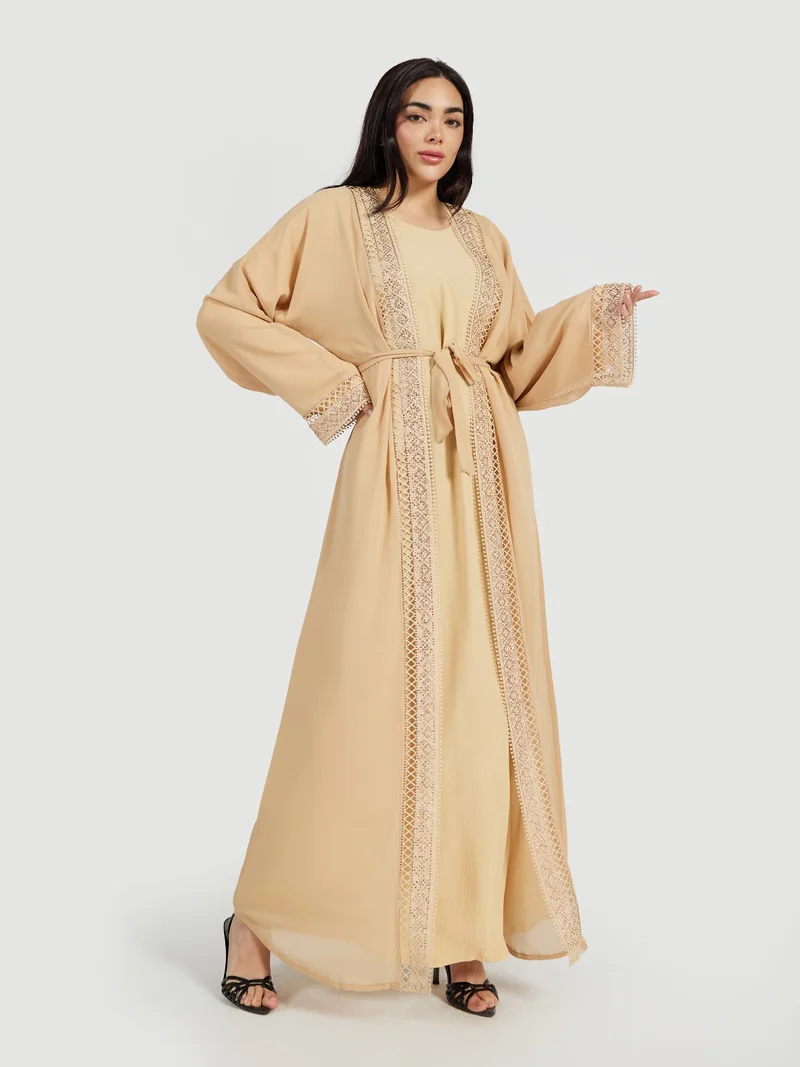 Reem Abayas Women's Lattice Lace Trim Abaya with Matching Inner Dress and Hijab - 3 Piece Set