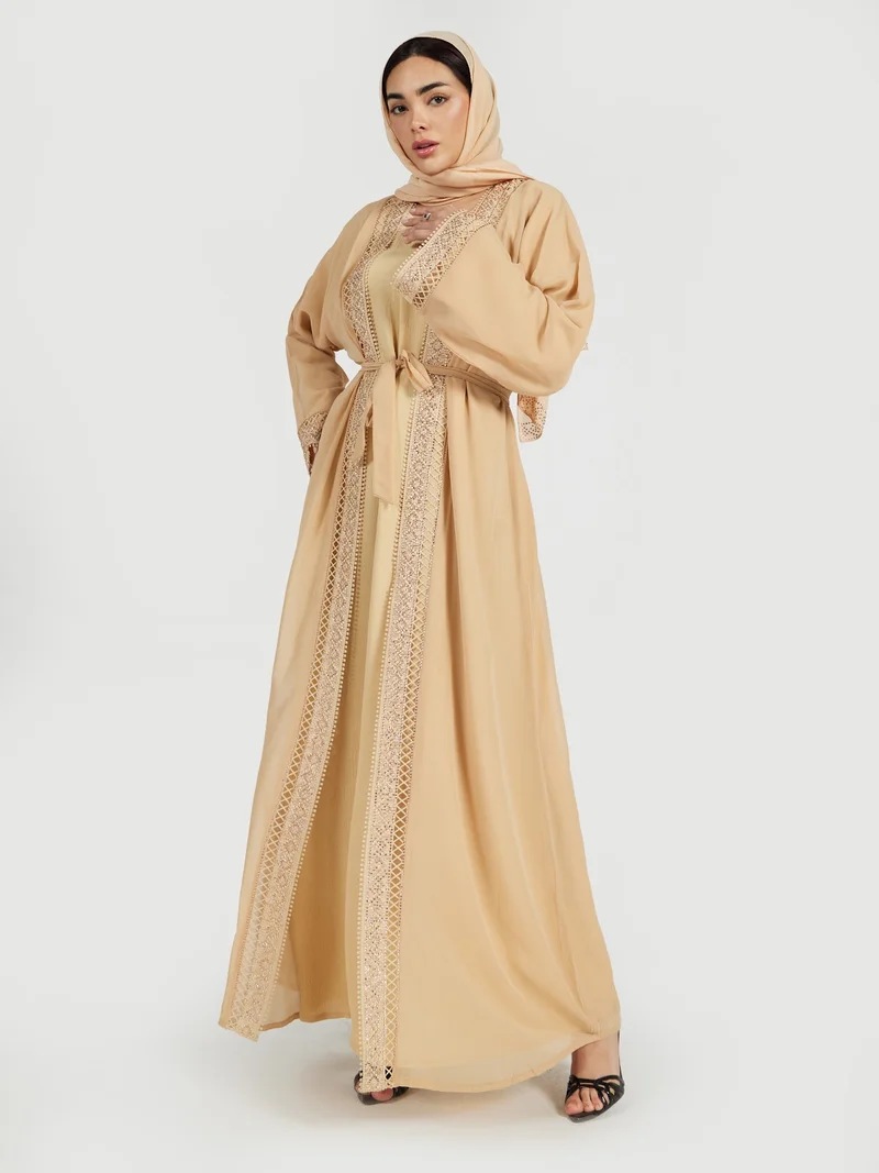 Reem Abayas Women's Lattice Lace Trim Abaya with Matching Inner Dress and Hijab - 3 Piece Set
