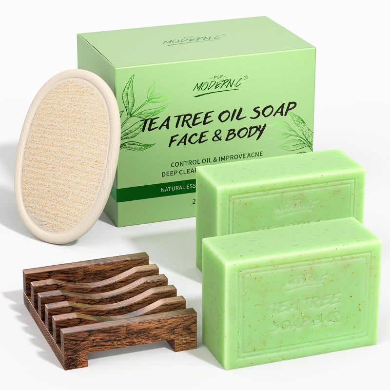 POP MODERN.C Tea Tree Oil Soap Bar for Face & Body Wash All Natural Organic Bath Soaps Acne Hand Foot Body Oder Moisturizer Plant Deodorant Facial Cleanser Women Men with Soap Holder Body Scrubber Mesh Soap Bag