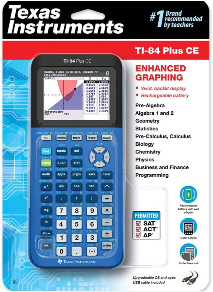 تاكساس إنسترومنتس - آلة حاسبة للرسوم البيانية الملونة من إنسترومنتس TI-84 بلس CE، لون أزرق - Image 1