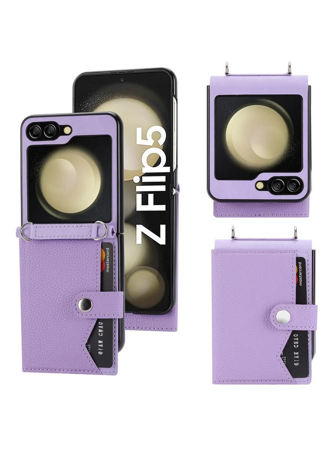 اس-توب جراب لهاتف Samsung Galaxy Z Flip5 بنمط الليتشي مزود بزر واحد وحامل بطاقات مع حبل طويل - Image 1