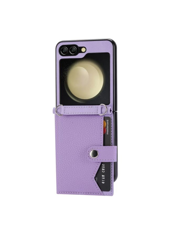 اس-توب جراب لهاتف Samsung Galaxy Z Flip5 بنمط الليتشي مزود بزر واحد وحامل بطاقات مع حبل طويل - Image 3