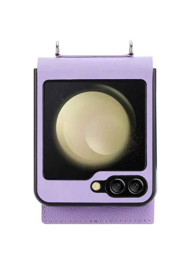 اس-توب جراب لهاتف Samsung Galaxy Z Flip5 بنمط الليتشي مزود بزر واحد وحامل بطاقات مع حبل طويل - Image 4