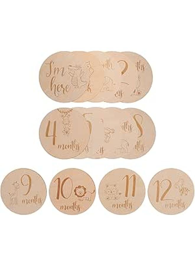 Wooden Monthly Milestone Cards Animal Designs 14pcs 10x10cm Newborn Photo Props - Image 1