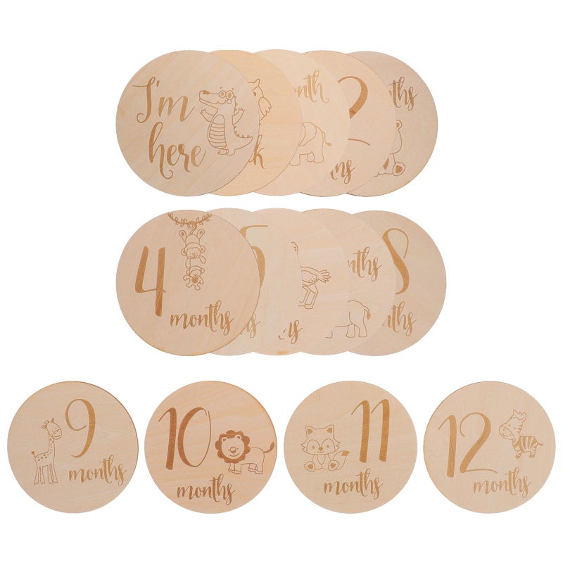 Wooden Monthly Milestone Cards Animal Designs 14pcs 10x10cm Newborn Photo Props - Image 2