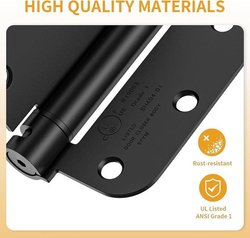 Luxbaro 2 Pack Self Closing Door Hinges 3.5 Inch, Matte Black Spring Loaded Hinges with 5/8'' Radius Corners, Adjustable Tension for Garage, Front Door, for Left and Right Hand Door, UL Listed - Image 3