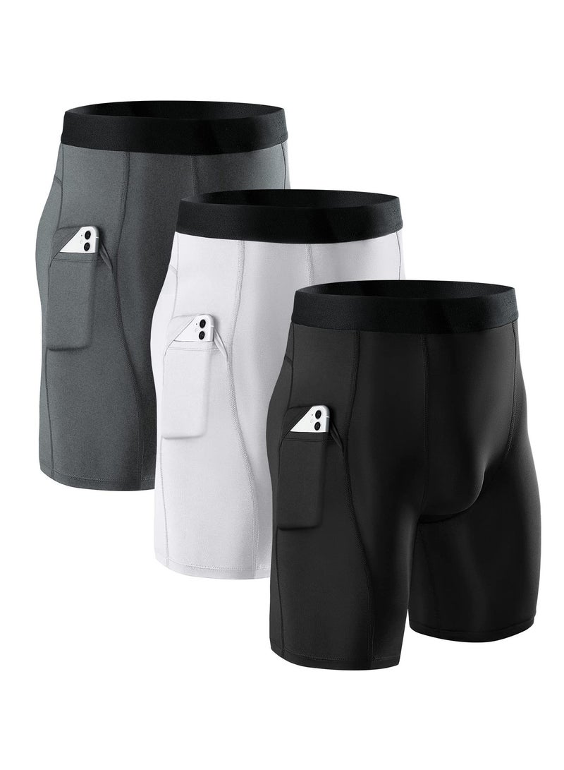 Excefore Mens Quick Dry Compression Shorts, 3 Pack Large Men’s Compression Workout Shorts with Cell Phone Pockets, Running Base Layer Shorts, Tight Dry and Breathable Sports Shorts for Cycling, Boxing, Gym - Image 1