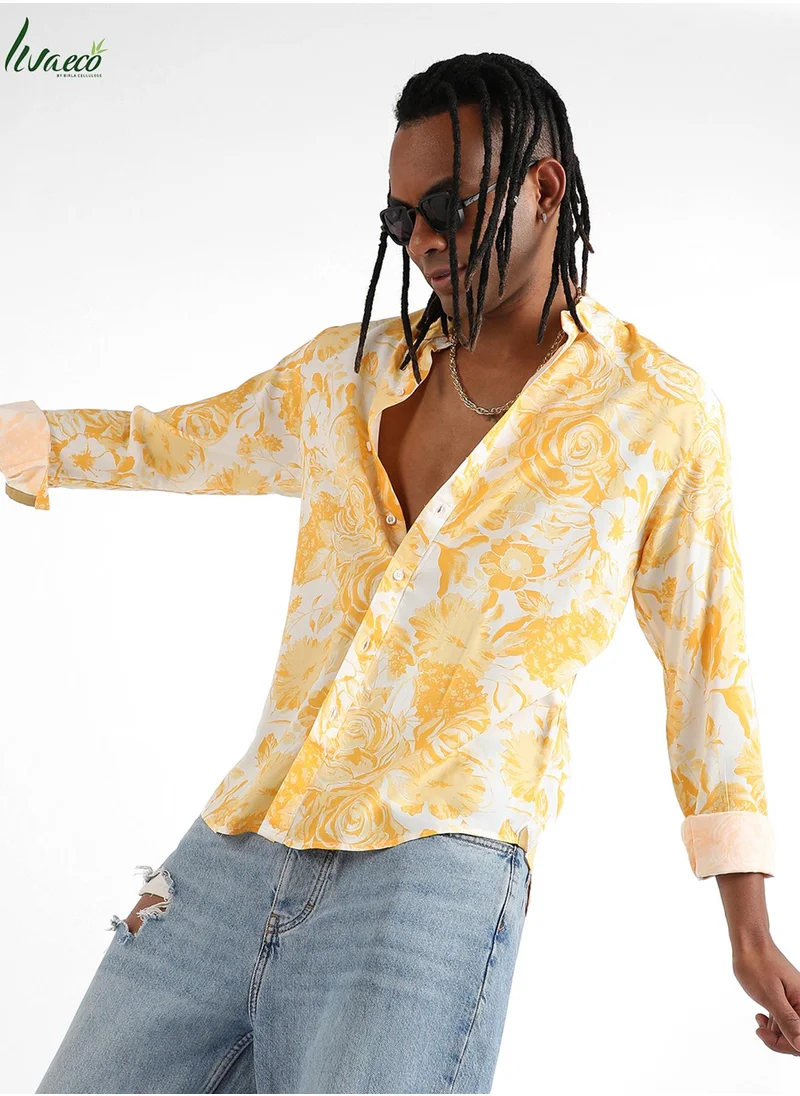 كامبوس سوترا Men's EcoLiva Yellow Contrast Botanical Shirt