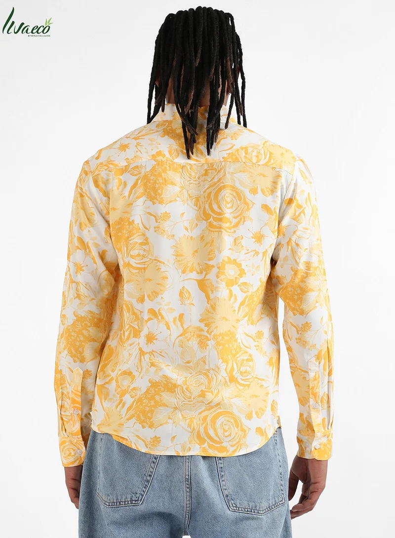 كامبوس سوترا Men's EcoLiva Yellow Contrast Botanical Shirt