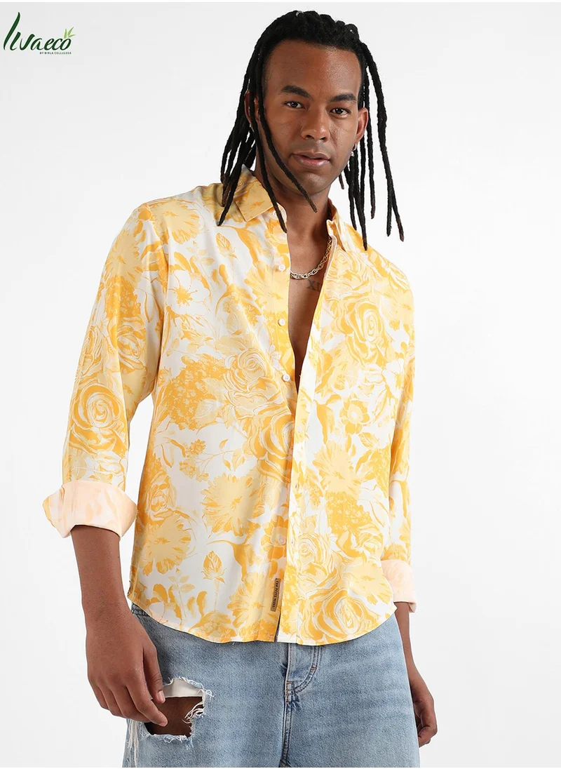 كامبوس سوترا Men's EcoLiva Yellow Contrast Botanical Shirt