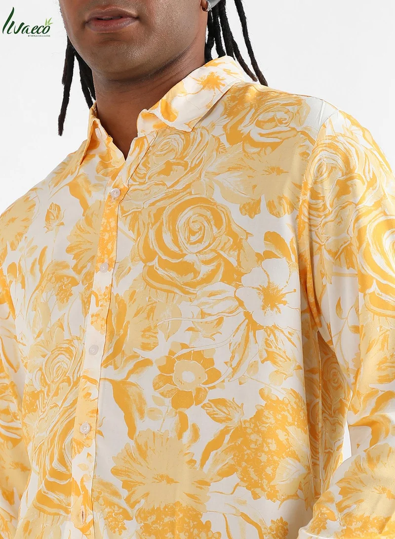 كامبوس سوترا Men's EcoLiva Yellow Contrast Botanical Shirt