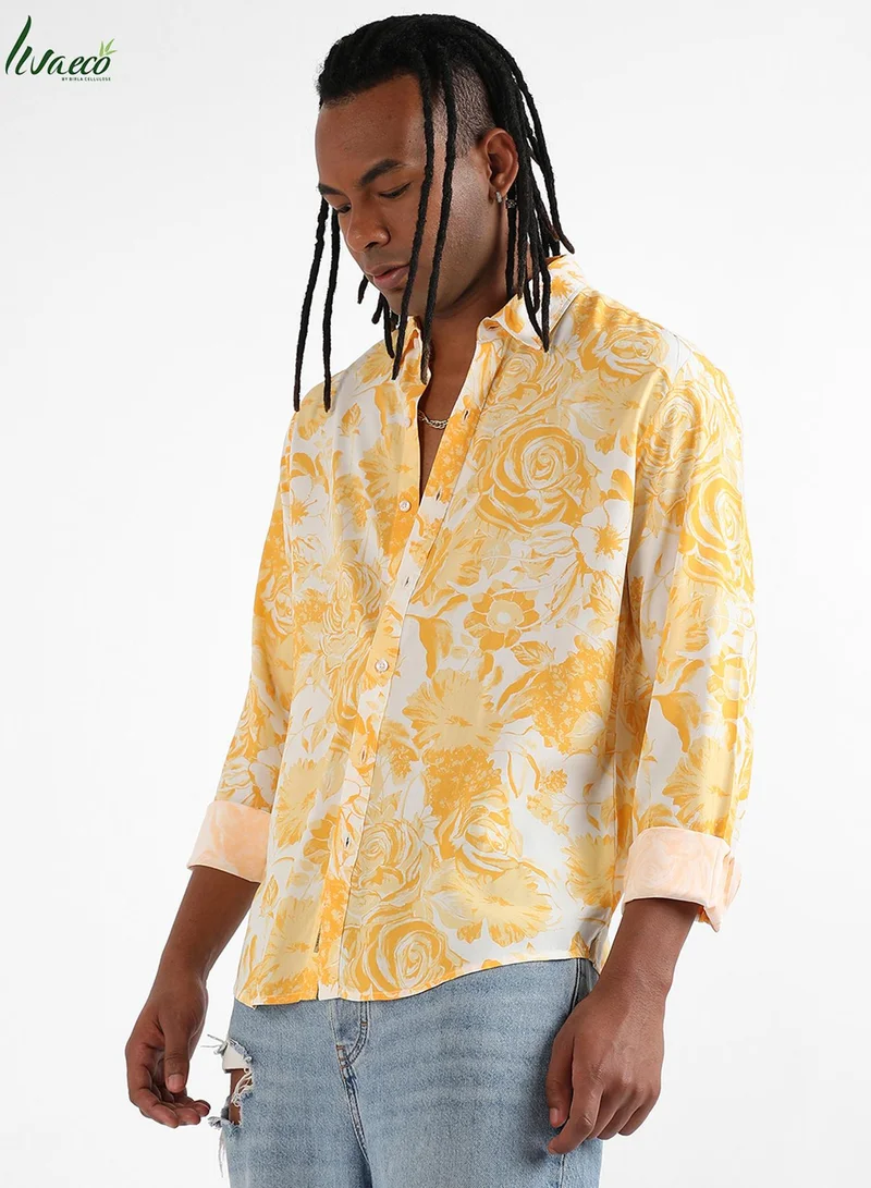 كامبوس سوترا Men's EcoLiva Yellow Contrast Botanical Shirt
