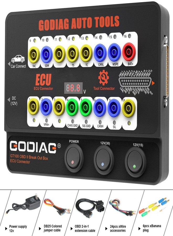 GODIAG GT100 Automotive Tools OBD II Break Out Box ECU Connector with OBD Main Line & Multi-Function Jumper for Check Engine, Supports LED Indicator and Lookup