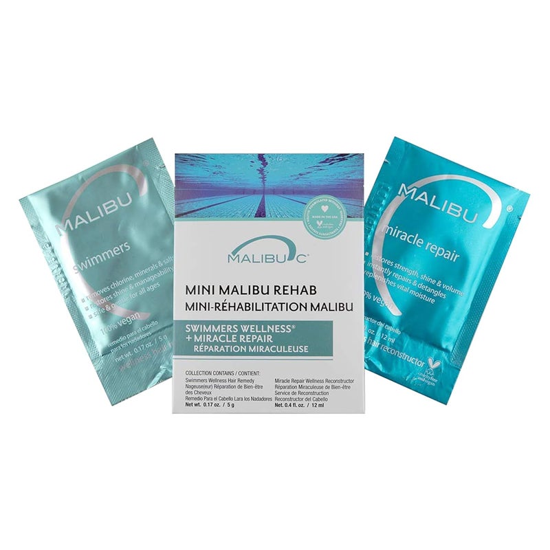 Malibu C Mini Malibu Rehab Swimmers Wellness - Contains 2 Hair Remedy Packets - Discoloration Correcting Hair Care for Swimmers to Restore Shine & Moisture