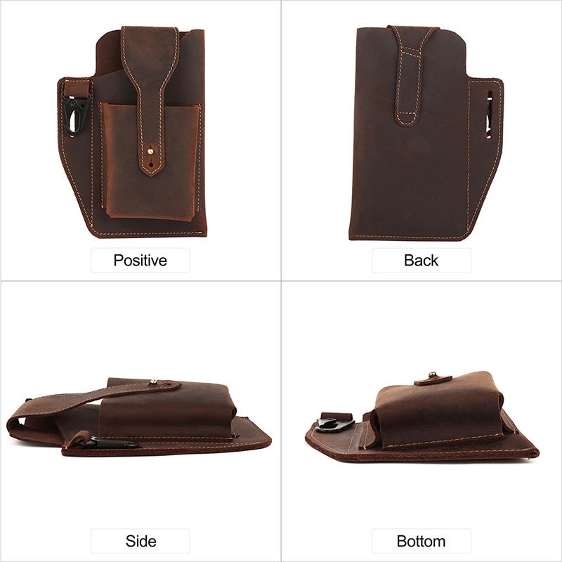 Genuine Leather Mobile Phone Bag For Men, Retro Multifunctional Crazy Horse Leather Vertical Style, Durable And Wear-Resistant Belt Phone Waist Bag For Work - Image 5
