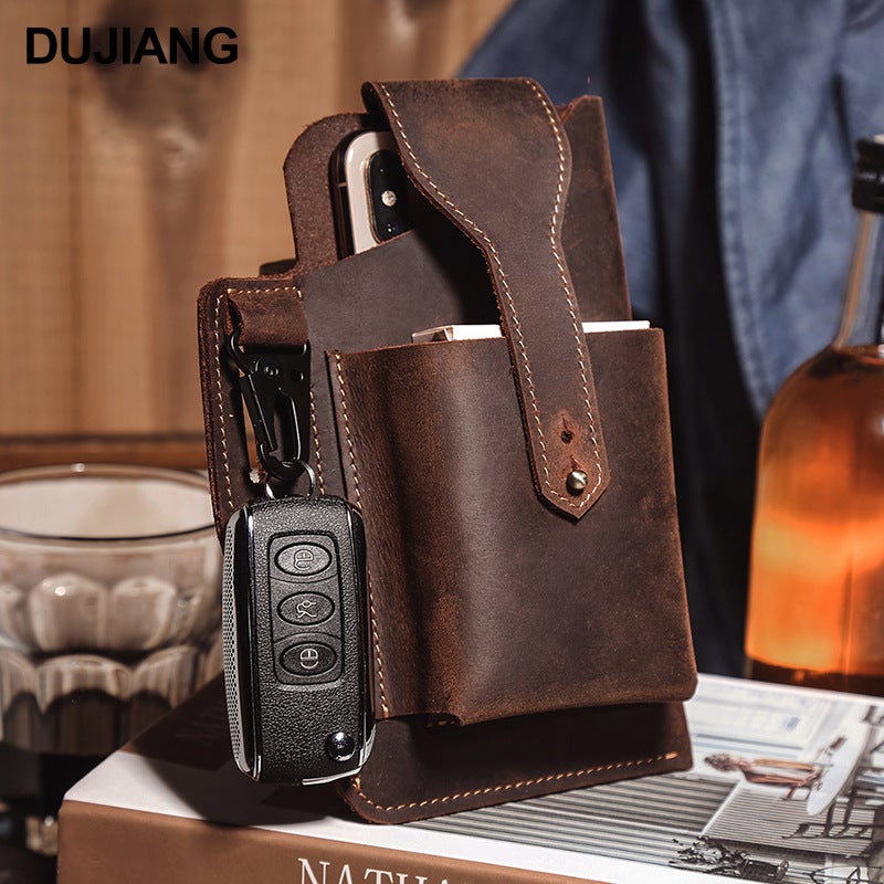 Genuine Leather Mobile Phone Bag For Men, Retro Multifunctional Crazy Horse Leather Vertical Style, Durable And Wear-Resistant Belt Phone Waist Bag For Work - Image 3