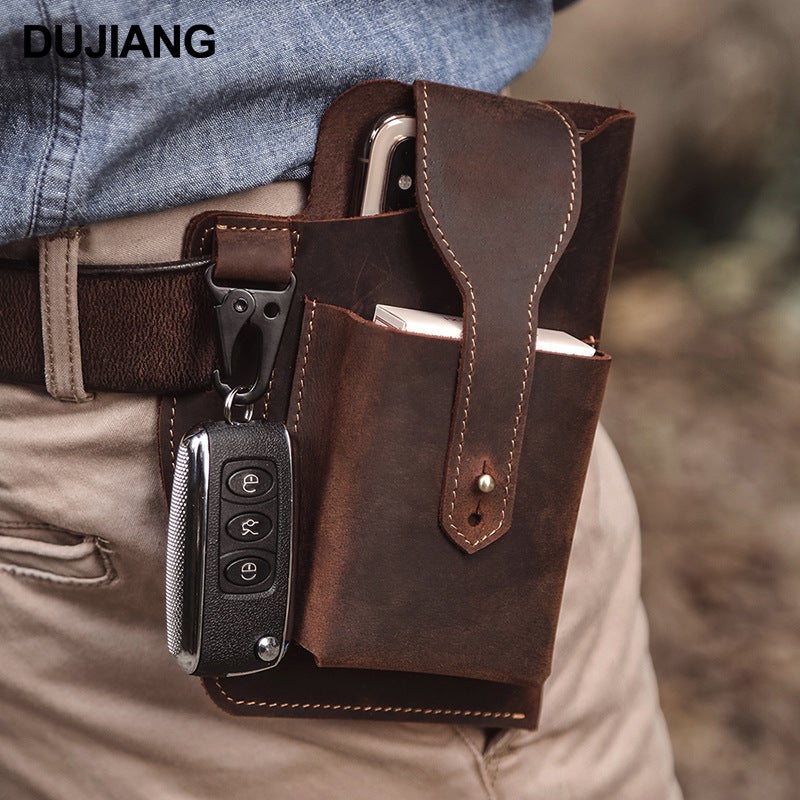 Genuine Leather Mobile Phone Bag For Men, Retro Multifunctional Crazy Horse Leather Vertical Style, Durable And Wear-Resistant Belt Phone Waist Bag For Work - Image 2