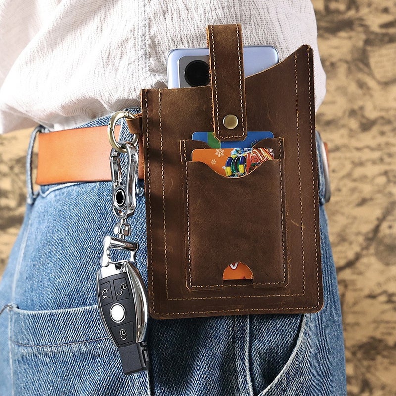Genuine Leather Mobile Phone Bag For Men, Retro Multifunctional Crazy Horse Leather Vertical Style, Durable And Wear-Resistant Belt Phone Waist Bag For Work - Image 1