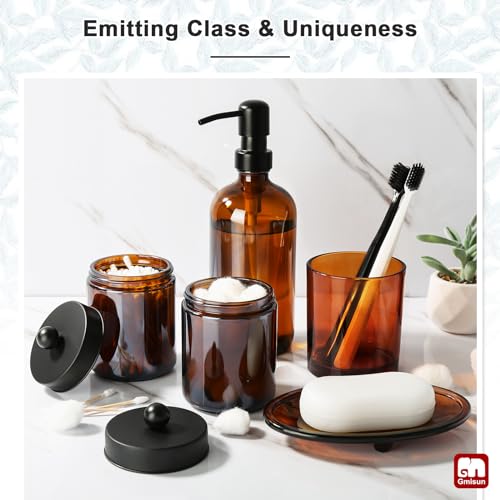 GM GMISUN GMISUN Bathroom Accessories Set, 5 Pack Amber Glass Bath Accessory Sets Complete, Brown Soap Dispenser and Toothbrush Holder Bathroom Counter Sink Set with Labels, Rustic Modern Vintage Bathroom Decor - Image 5