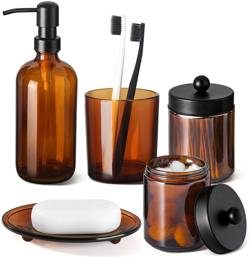 GM GMISUN GMISUN Bathroom Accessories Set, 5 Pack Amber Glass Bath Accessory Sets Complete, Brown Soap Dispenser and Toothbrush Holder Bathroom Counter Sink Set with Labels, Rustic Modern Vintage Bathroom Decor - Image 1