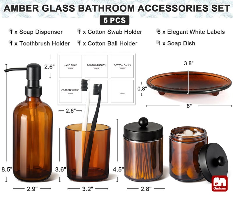 GM GMISUN GMISUN Bathroom Accessories Set, 5 Pack Amber Glass Bath Accessory Sets Complete, Brown Soap Dispenser and Toothbrush Holder Bathroom Counter Sink Set with Labels, Rustic Modern Vintage Bathroom Decor - Image 2
