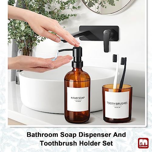 GM GMISUN GMISUN Bathroom Accessories Set, 5 Pack Amber Glass Bath Accessory Sets Complete, Brown Soap Dispenser and Toothbrush Holder Bathroom Counter Sink Set with Labels, Rustic Modern Vintage Bathroom Decor - Image 3