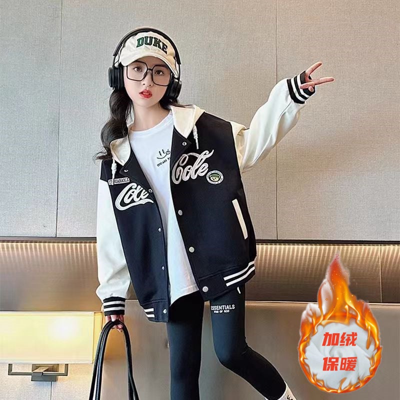Girls' Hooded Jacket Children'S Fashionable Big Kids Western Style Baseball Suit Sports Top Autumn - Image 1