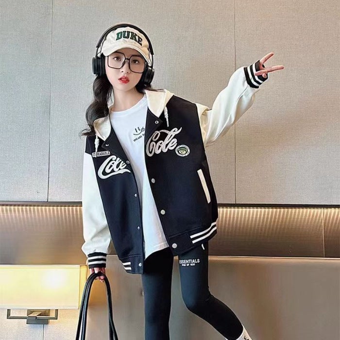 Girls' Hooded Jacket Children'S Fashionable Big Kids Western Style Baseball Suit Sports Top Autumn - Image 2
