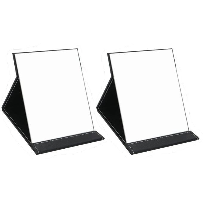 PORTABLE FOLDING VANITY ROUND COMPACT MAKEUP MIRROR WITH STAND FOR DESK TABLE SLIM PU LEATHER FOLDING PRINCESS MAKEUP TABLETOP CAMPING TRAVEL COSMETIC MIRROR WITH STANDING BLACK 2