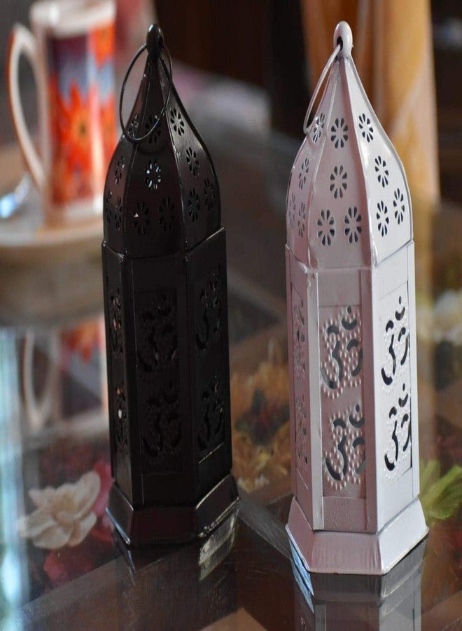 Futurez Key� Hanging Metal Lantern with holy Om Word Carved on it/Candle Holder for Diwali Night. Black & White/Moroccan Style - Image 1