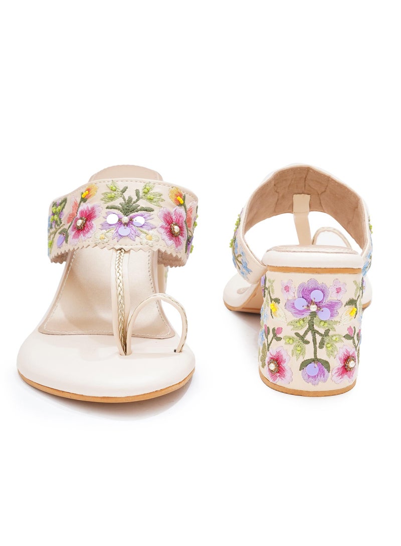 Sole House Sole House Threaded Elegance: Floral Embroidered Kolhapuri Block Heels - perfect for parties, celebrations & special occasions.  - Image 3