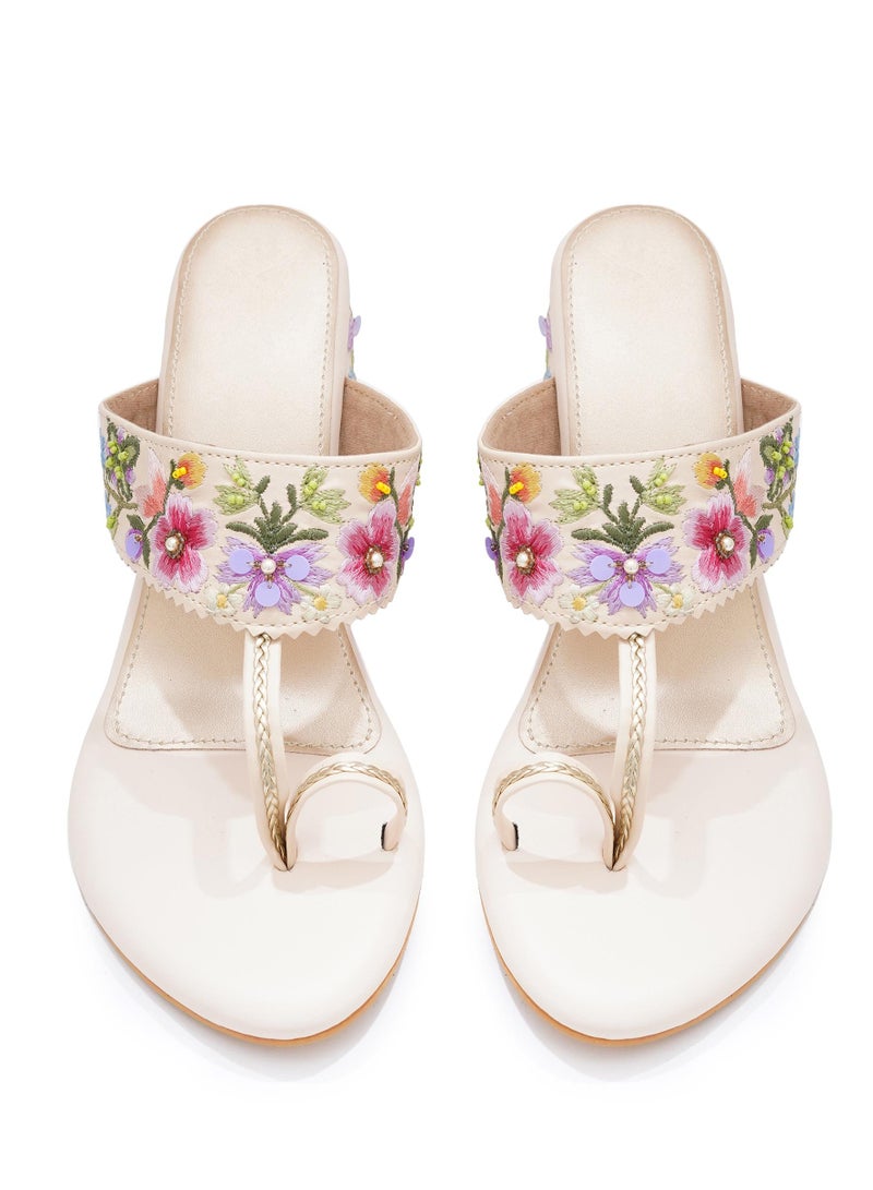 Sole House Sole House Threaded Elegance: Floral Embroidered Kolhapuri Block Heels - perfect for parties, celebrations & special occasions.  - Image 4