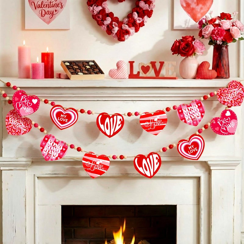 DoubleFill 1 Set Valentines Mantle Garland 6.56 ft Wood Heart Valentines Beads Banner Pink Red Love Heart Hanging Garland for Wall Fireplace Shelf Display Indoor Outdoor Decor for Home Party Supplies - Image 1