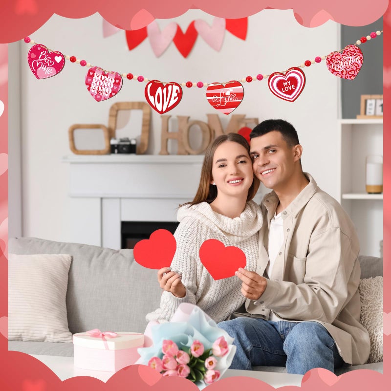 DoubleFill 1 Set Valentines Mantle Garland 6.56 ft Wood Heart Valentines Beads Banner Pink Red Love Heart Hanging Garland for Wall Fireplace Shelf Display Indoor Outdoor Decor for Home Party Supplies - Image 5
