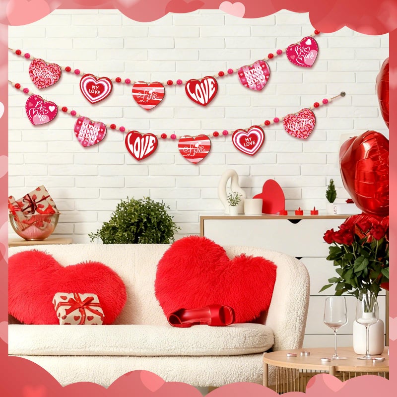 DoubleFill 1 Set Valentines Mantle Garland 6.56 ft Wood Heart Valentines Beads Banner Pink Red Love Heart Hanging Garland for Wall Fireplace Shelf Display Indoor Outdoor Decor for Home Party Supplies - Image 4