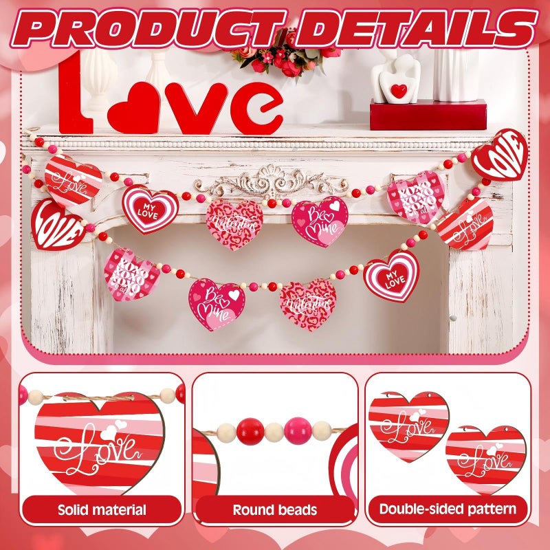 DoubleFill 1 Set Valentines Mantle Garland 6.56 ft Wood Heart Valentines Beads Banner Pink Red Love Heart Hanging Garland for Wall Fireplace Shelf Display Indoor Outdoor Decor for Home Party Supplies - Image 3